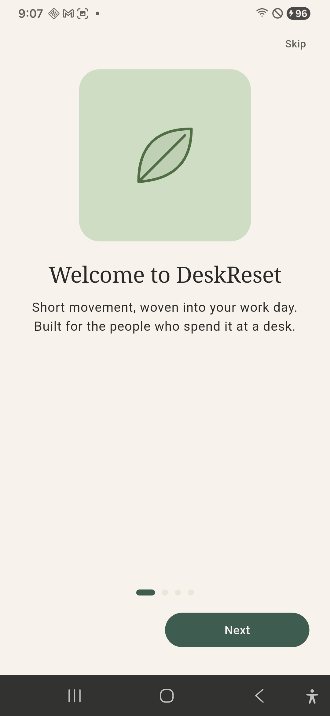 DeskReset welcome screen — Short movement, woven into your work day