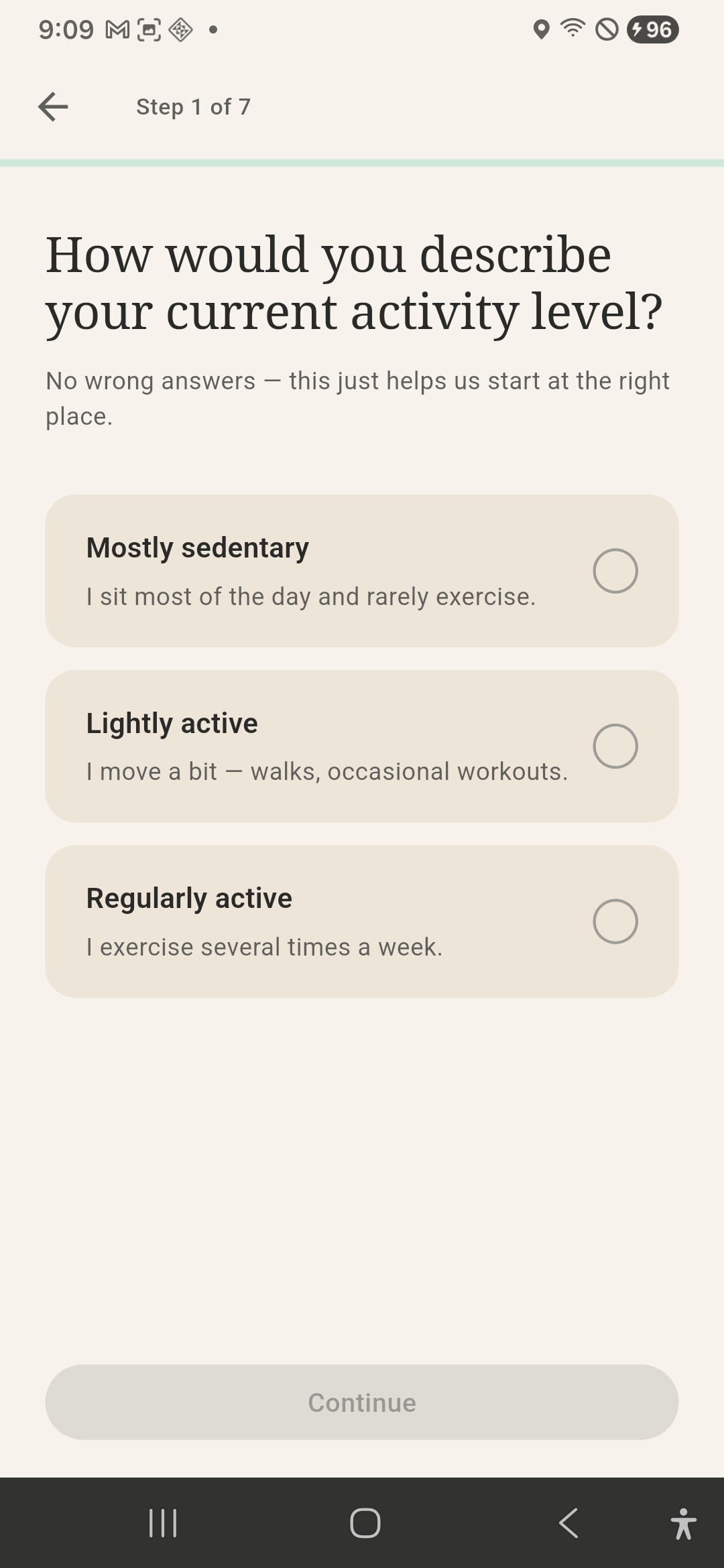 Quiz step 1: activity level question