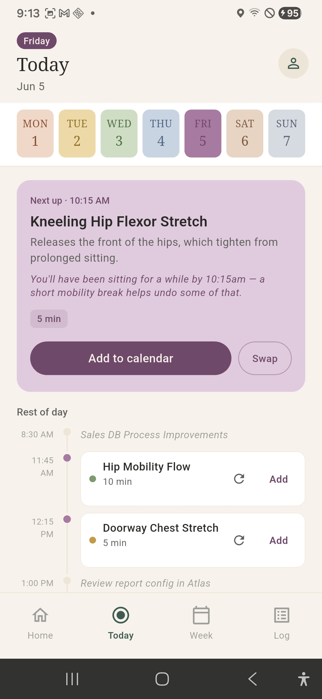 DeskReset Today screen showing a Kneeling Hip Flexor Stretch scheduled at 10:15 AM