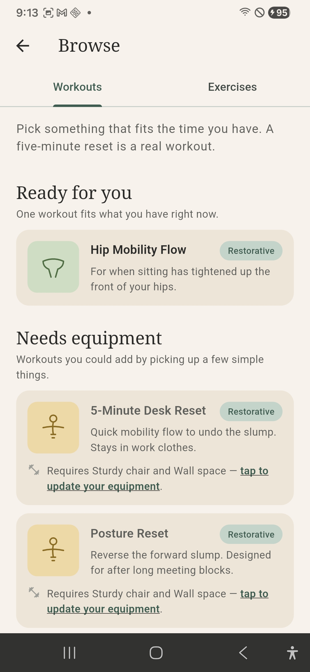 Browse workouts screen showing Ready for you and Needs equipment sections
